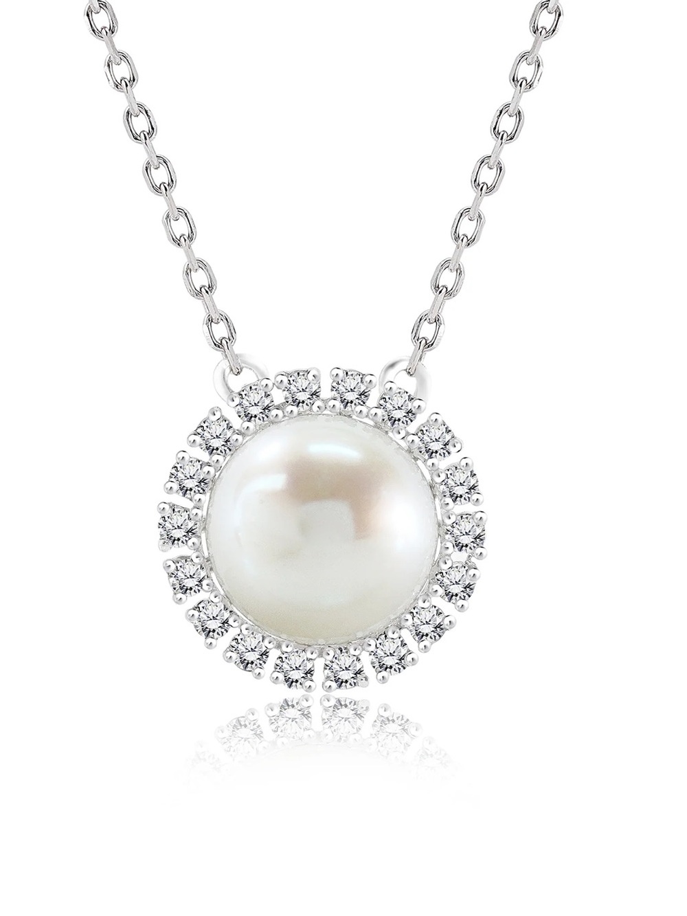 NWT- Moissanite Halo 8 mm White Pearl Necklace Pendant in 18K WG over SS